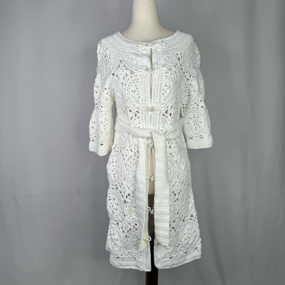 Vintage Shanghai Tang crochet sweater white 100% cotton elbow sleeves tunic M - Picture 1 of 8